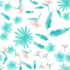 Navy Pattern Illustration. Azure Seamless Illustration. Cobalt Tropical Botanical. White Flower Exotic. Blue Floral Nature. Wallpaper Vintage. Decoration Painting.