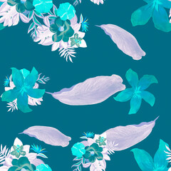 Violet Seamless Nature. Blue Pattern Nature. Cobalt Tropical Plant. Navy Decoration Leaf. Indigo Drawing Design. Purple Wallpaper Background. Garden Palm.