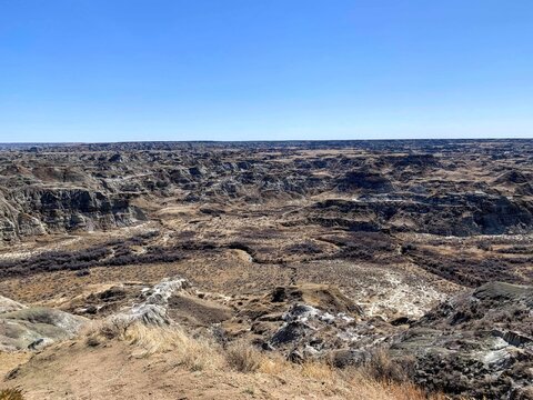 A beautiful panoramic view of the badlands in Dinosaur provincial park, Alberta, Canada.  Full of valleys of hoodoos and coulees.