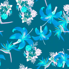 Fototapeta na wymiar Gray Pattern Exotic. Blue Seamless Vintage. Navy Tropical Botanical. Indigo Flower Exotic. Azure Decoration Art. Spring Painting. Summer Vintage.