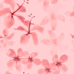 Obraz na płótnie Canvas Pink Seamless Hibiscus. Coral Pattern Art. White Tropical Exotic. Gray Spring Nature. Flower Illustration. Floral Texture. Flora Texture. Decoration Leaves.