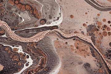 Acrylic Fluid Art. Brown paint bubbles on beige waves. Liquid Gold Wave on canvas. Digital decor. Abstract stone background or texture