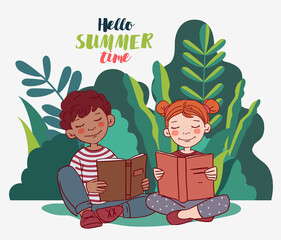 Cute boy and girl reading books in the garden. Nature landscape background. Summer holidays illustration. Vacation time
