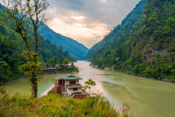Landscape with a river. Scenic view of Tista river, Gangtok, Sikkim, India.