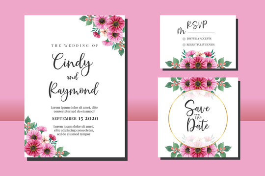 Floral Frame Wedding invitation, floral watercolor hand drawn Zinnia Flower design Invitation Card Template