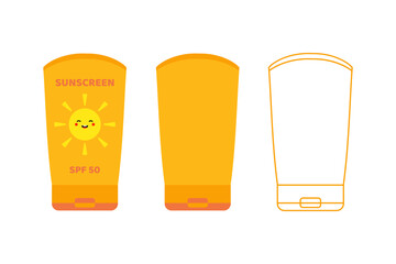 Three bottles of sunscreen in different styles. Cartoon style, flat design and outlined sunscreen tubes.