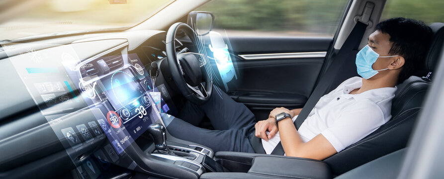 Auto pilot cruise mode self-driving car while sleeping taking rest, HUD Head Up Display and digital instruments panel autonomous user interface navigation utility screen smart technology businessman