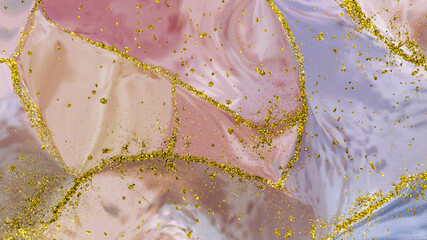 fancy abstract fluid art painting illustration with alcohol ink technique, red, purple and blue paint mix. Imitation of cut marble stone, accompanied by golden dots