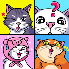 Cute Expression Cats with Different Poses. Animal Vector Icon Illustration, Isolated on Premium Vector