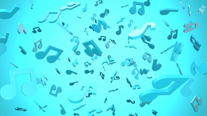 Blue musical notes on blue background.
3D rendering abstract illustration.
