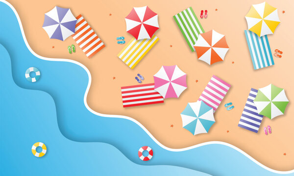 hello summer with beach landscape background. paper art style. vector Illustration.