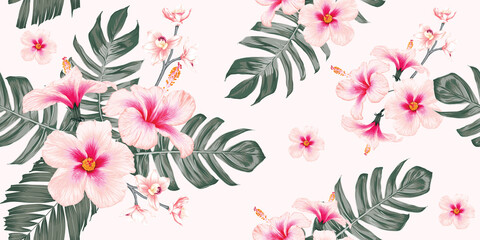 Seamless pattern floral with pink  Hibiscus and Orchid flowers on isolated pastel color background.Vector illustration hand drawn.For fabric fashion print design or product packaging.