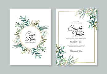 Beautiful wedding card invitation template with watercolor foliage