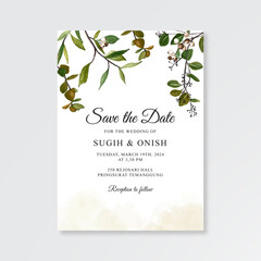 Minimalist wedding card template with watercolor foliage
