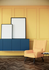 vertical picture frames mock up in modern living room interior with armchairs and table with wooden floor and yellow wall, 3d rendering	