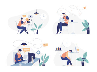 Lifestyle working stay at home. Man working on laptop computer at home. freelance, work at home. Vector 