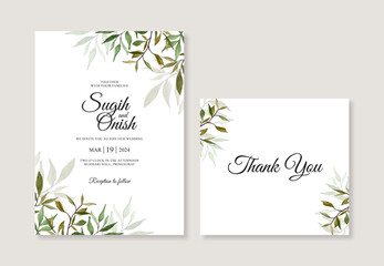 Wedding invitation card template with watercolor foliage