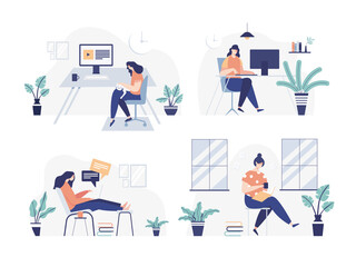 Lifestyle working stay at home. Women working on laptop computer at home. freelance, work at home. Vector 