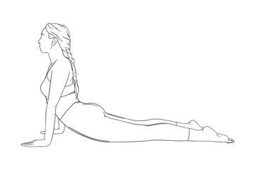 Yoga cobra pose or bhujangasana. Woman practicing strengthing yoga pose. Engraved vector illustration isolated on white background