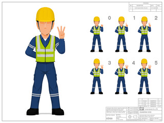 Fototapeta na wymiar Set of industrial worker raise hand 0-5 on white background