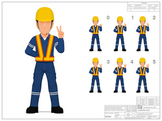 Set of industrial worker raise hand 0-5 on white background