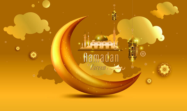 Greetings Ramadan Kareem English and Arabic card design with crescent moon. Realistic golden ramadan kareem banner with moon, lantern and flower. Golden ornate crescent.Vector illustration