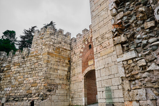 Bursa, Turkey 29.03.2021. Bursa during overcast and rainy day. Photo of sultanate gate (saltanat kapisi) made by early stage of ottoman empire center of the city.