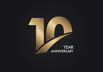 10 Years Anniversary logotype with golden colored font numbers made of Slice, isolated on black background for company celebration event, birthday - Vector