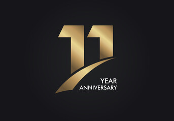 11 Years Anniversary logotype with golden colored font numbers made of Slice, isolated on black background for company celebration event, birthday - Vector - obrazy, fototapety, plakaty