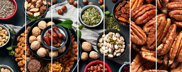 Different types of nuts, seeds and dried fruits on black background.