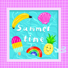 Swimming pool with inflatable colored toys. 
Pool party summer invitation poster concept with retro style vector illustration and creative typography. Vector illustration
