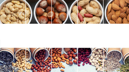 Collage of different types of nuts in ecofriendly cups high in vegan protein, vitamins and antioxidants for immune system boosting.