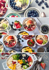 Collage of oatmeal bowls with delicious fruits and fresh berries on light background.