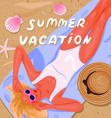 Vacation. Travel. Beautiful young woman is resting on the beach. View from above
Summer vacation fashion concept.  Party invitation. Vector flat illustration.