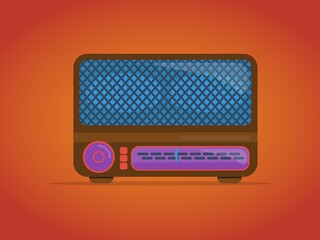 Radio or vintage radio icon on a red-orange background. Vector illustration in a flat style.