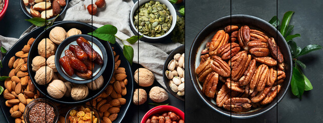Different types of nuts, seeds and dried fruits on black background.