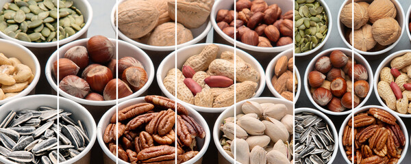 Collage of different types of nuts in ecofriendly cups high in vegan protein, vitamins and antioxidants for immune system boosting.