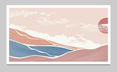 creative minimalist modern line art print. Abstract ocean wave contemporary aesthetic backgrounds landscapes. with sea, skyline, wave, mountain. vector illustrations
