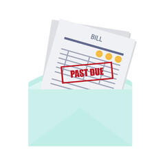Past due, unpaid or overdue bill. An expense document with a delay payment in an envelope. Debt or past purchase notice.Financial data and red stamp. Vector
