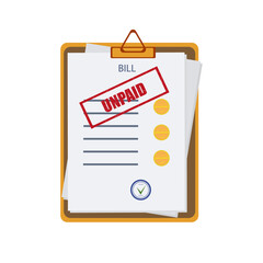 Unpaid ,overdue  or past due bill. An expense document with a delay in payment on clipboard. Debt or past purchase notice. Financial data and red stamp. Vector