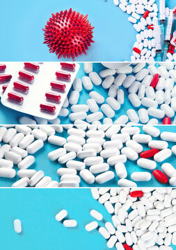 Collage of heap of various Pharmaceutical medicine pills, tablets and capsules. Medical concept