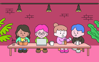 Cute characters are sitting at the long cafe table. People are reading books, looking at laptops, and chatting with friends. hand drawn style vector design illustrations. 