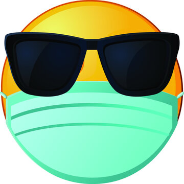 Emoji with face mask and sunglasses on white background