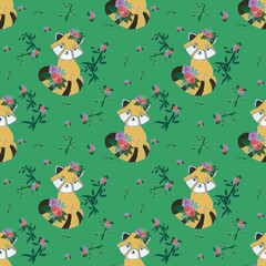 Obraz na płótnie Canvas Red Panda, flowers digital paper, cute animals, cute red Panda, fabric pattern, bamboo pattern, seamless paper, green background, butterfly