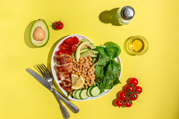 Dietary salad with chicken, avocado, cucumber, tomato and spinach