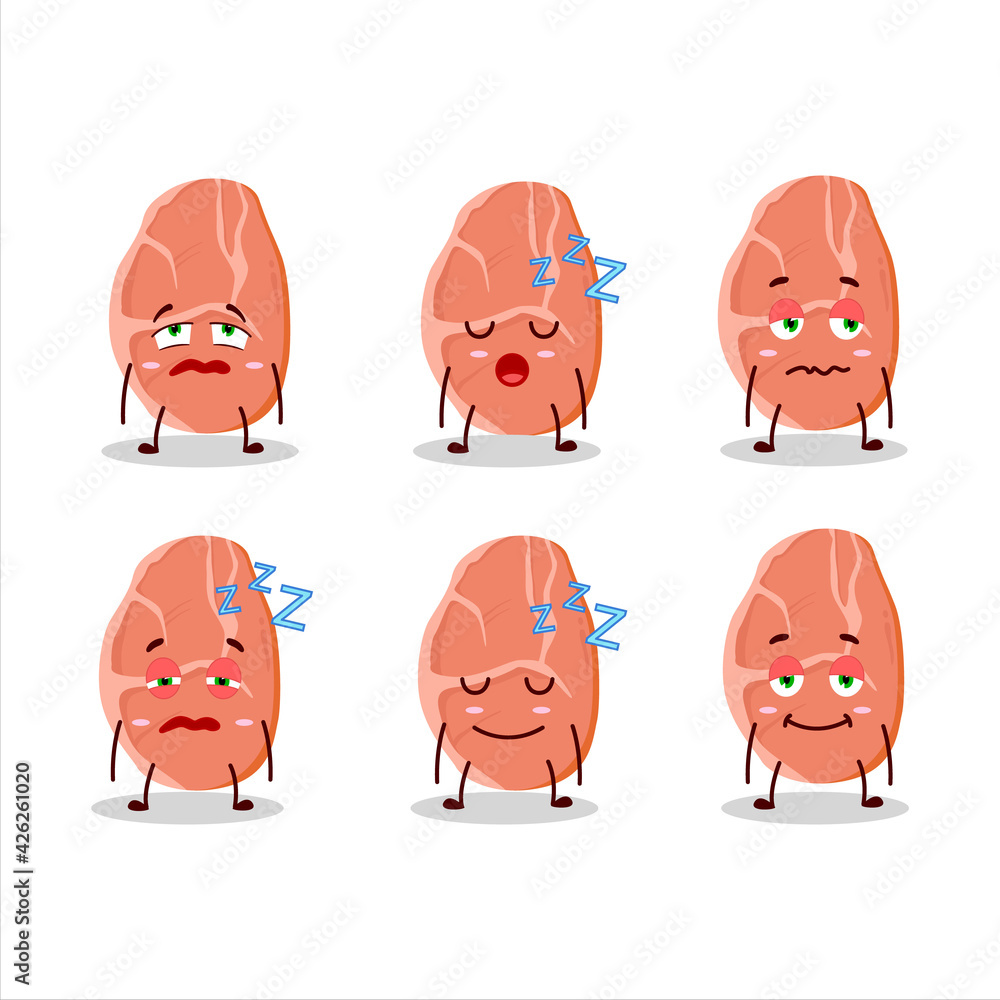 Sticker Cartoon character of slice of pork with sleepy expression