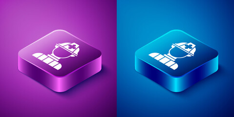 Isometric Firefighter icon isolated on blue and purple background. Square button. Vector