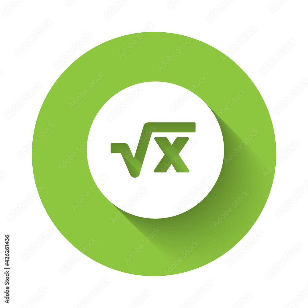 Poster white square root of x glyph icon isolated with long shadow. mathematical expression. green circle b