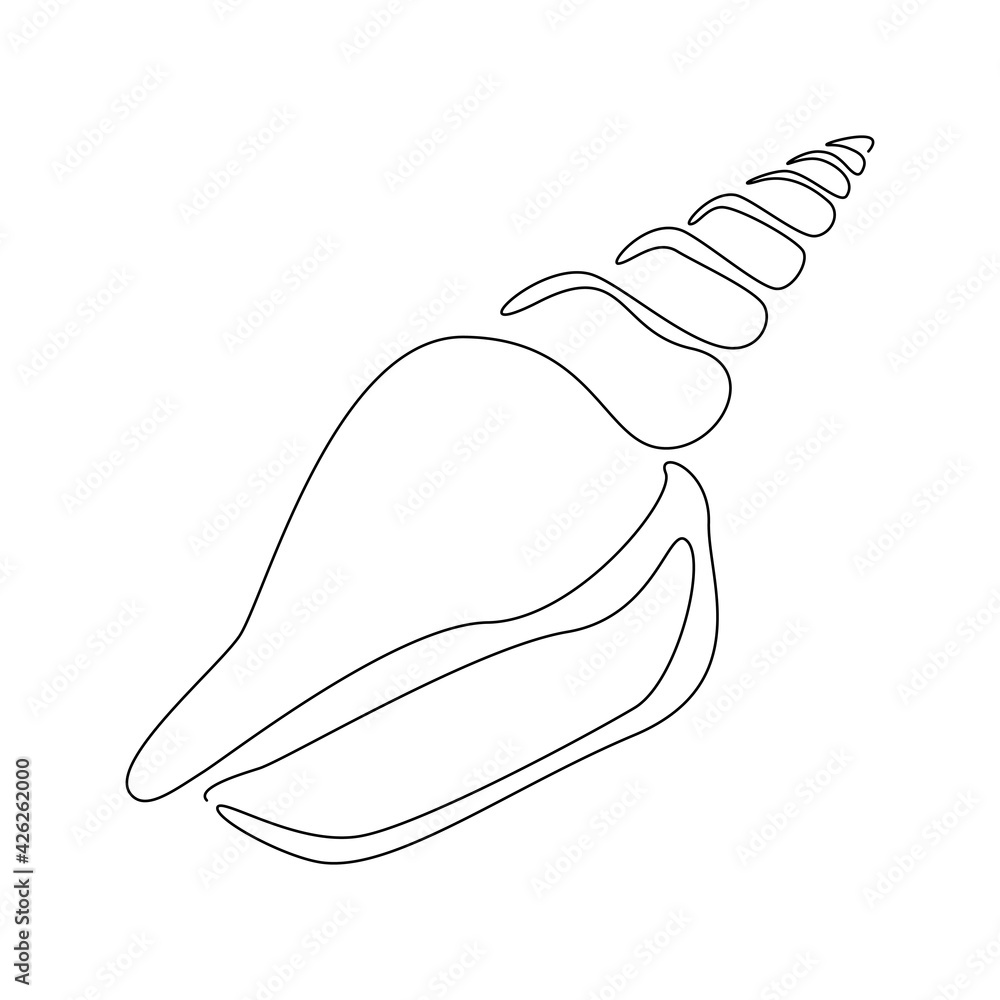 Poster Spiral Seashell in One continuous line drawing style for logo or emblem. Abstract Sea snail Shell for marine life icon. Modern simple vector illustration. Editable stroke