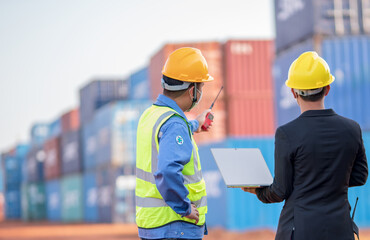 Teem of engineering or foreman control and market manager or business man wearing helmet working...